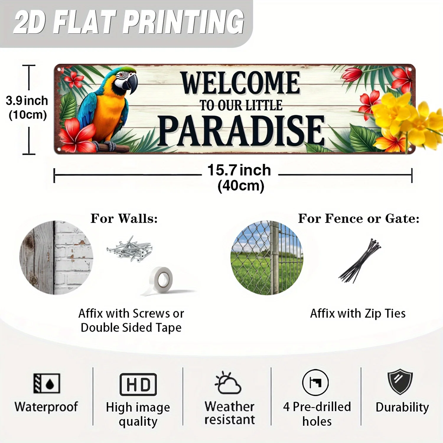 2D Flat, 1pc Vintage Tropical Parrot & Floral Welcome Sign - Rustic 