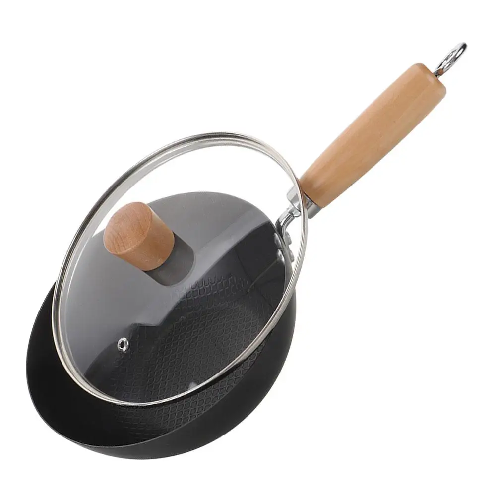 

Small Cast Iron Skillet Wok Pot with Lid Wooden Handle Saucepan Cover Nonstick Pan Versatile Use Even Heat Distribution Mini