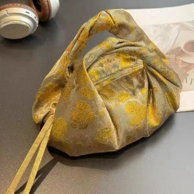 Gold Floral Embroidery Patterned Women's Satins Handbag 2026New Design Hobo Cloud Crossbody Bag Female Shopper Sac All-match