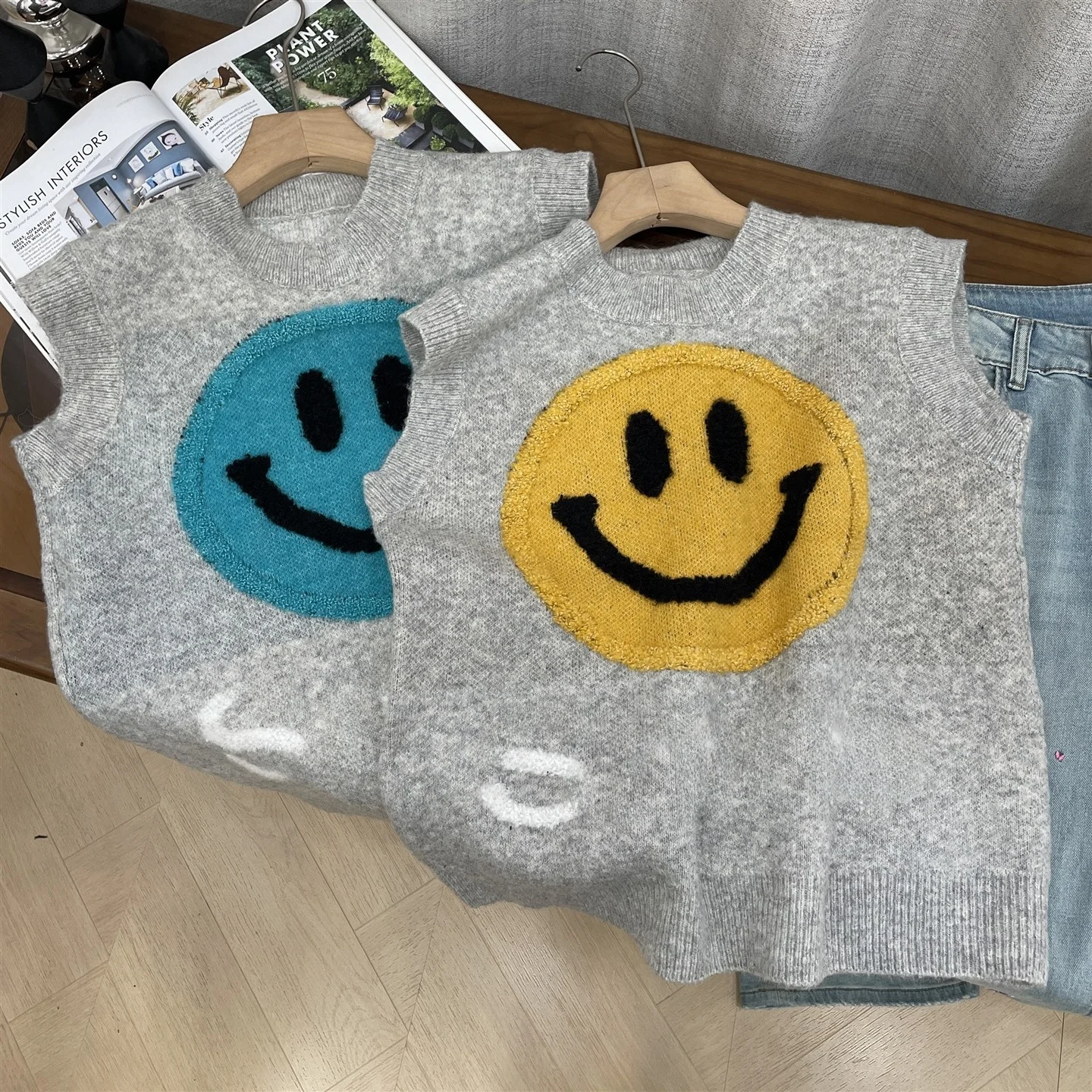 

Faionable round Ne Sweater Vest Women's Smile Pattern J0 Spring Long Sve Sweet Sle Casual Comfortable Knitted Top