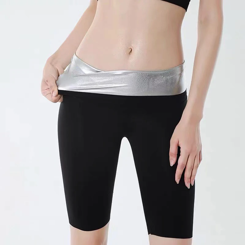 Calça sudorhante para mulheres, Cintura fina, Elástico alto, Exercício de corrida, Yoga Shorts, Perneiras emagrecedoras