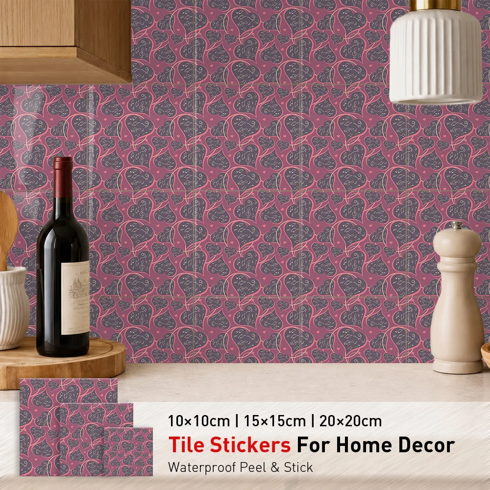 Melody Hearts Tile Stickers Waterproof Peel and Stick Self Adhesive Oil Proof Backsplash Decals Floral Wallpaper for Music Decor