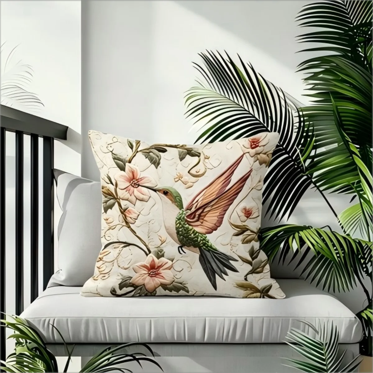 Kolibri-Blumen-Kissenbezug, 2D-Druck, Kissenhülle, Boho-Vintage-Heimdekoration, Geschenk