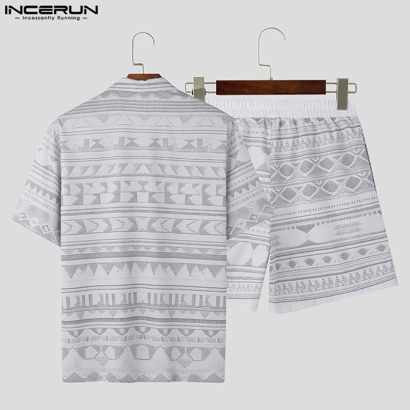 INCERUN 2024 Men Sets Printing Summer Streetwear Lapel Short Sleeve Shirt & Shorts Two Pieces Sets Fashion Men\'s Casual Suits