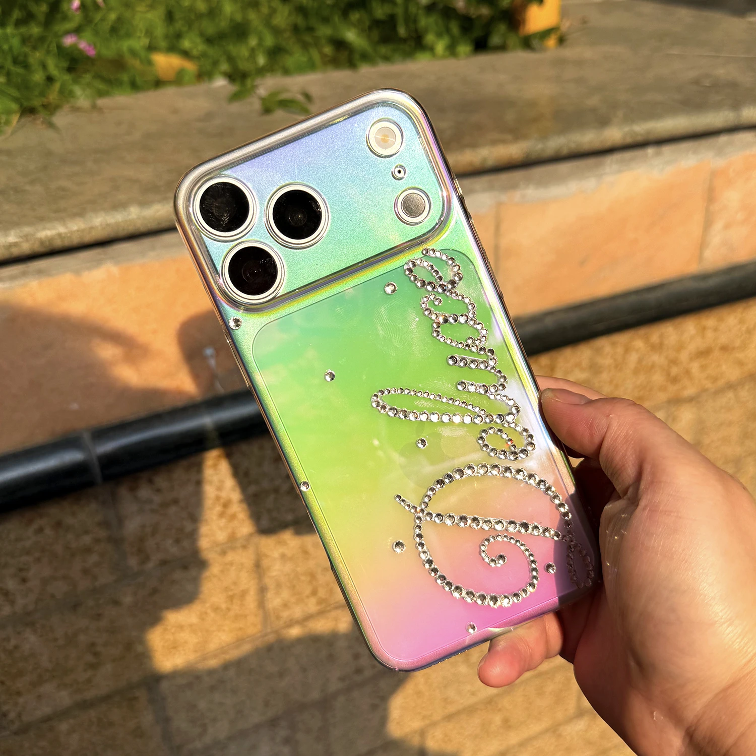 

Customization Rhinestone Name For iPhone , ID , LOGO , Slogan , Wish , Motto , Oath Laser Gradual Rainbow Transparent Phone Case