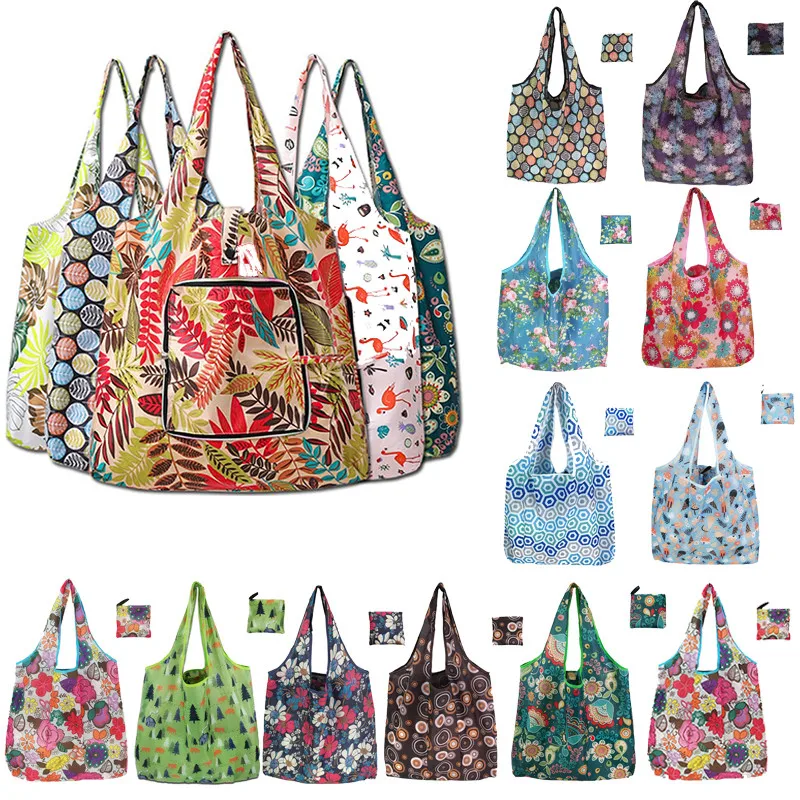 Fashion Printing Foldable Eco-Friendly Shopping Bag Tote Folding Pouch Handbags Convenient Large-capacity for Travel Grocery Bag