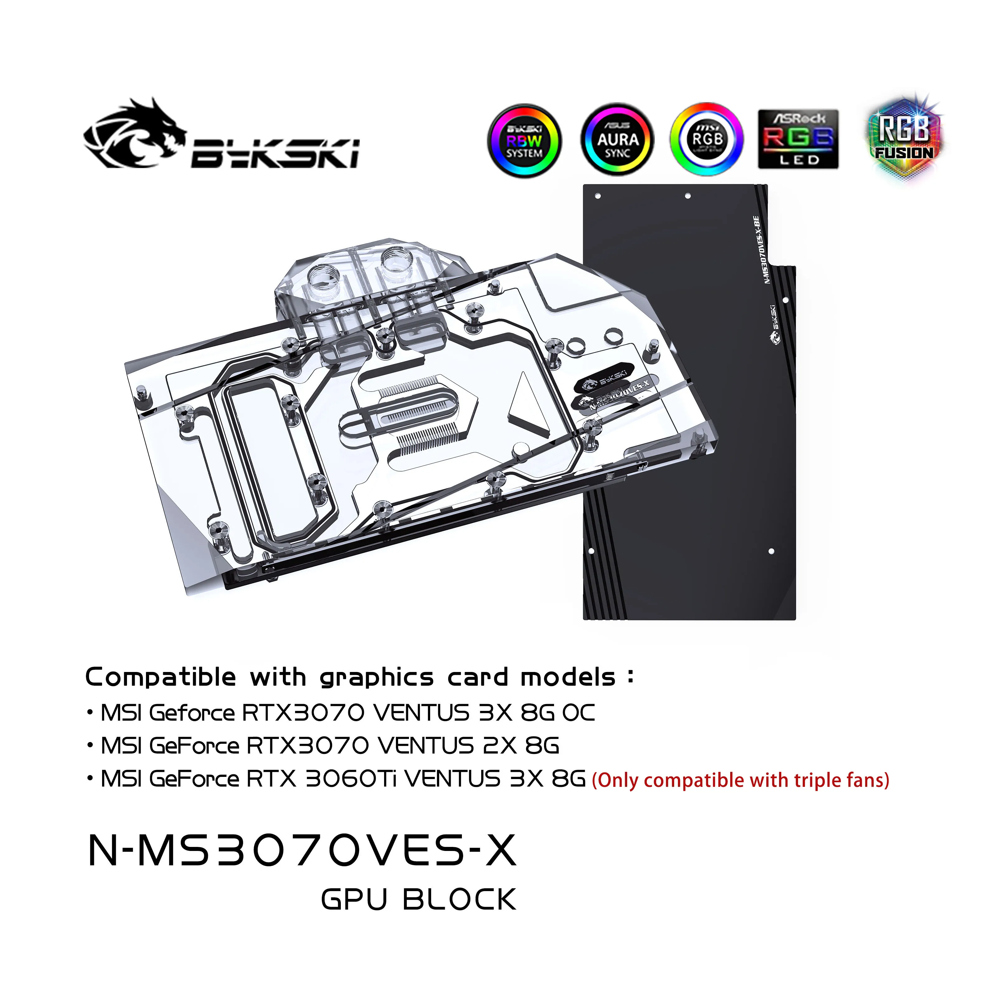 Bykski Water Block Use for MSI RTX3070 Vestus 3X 8G OC/3060TI Ventus 3X 8G Master 8G GPU Card / Full Cover Copper Radiator Block