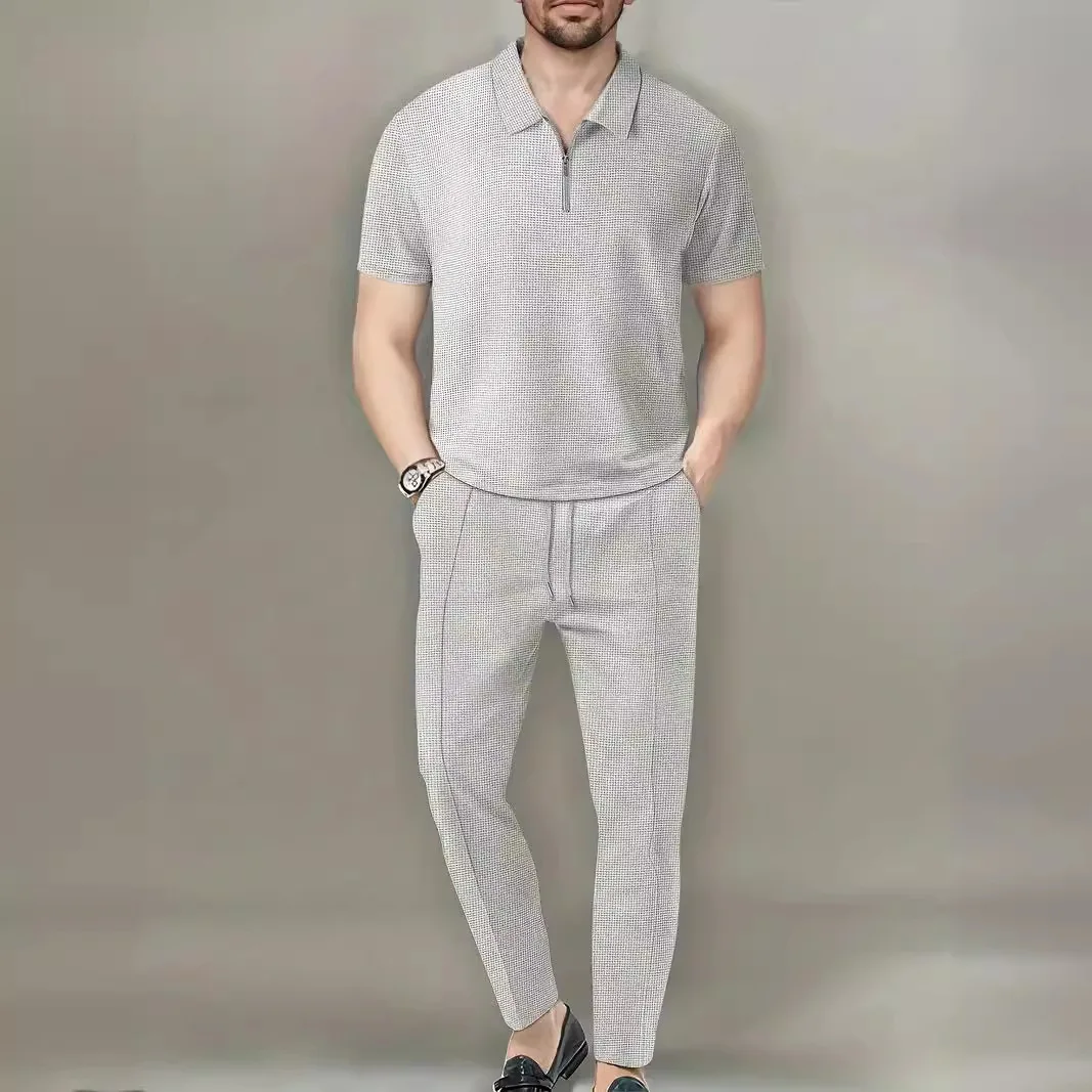 2024 Spring/Summer New Men\'s Set European-style Plus-size Men\'s Clothing Solid Color Lapel T-shirt And Pants Two-piece Set