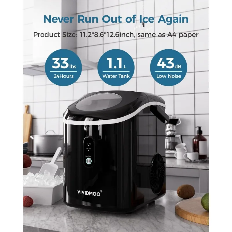 Portable Ice Maker, Self Cleaning, 33lbs/24h, Lower Noise, Small Sonic Ice Maker for Home, Kitchen, Office, Black