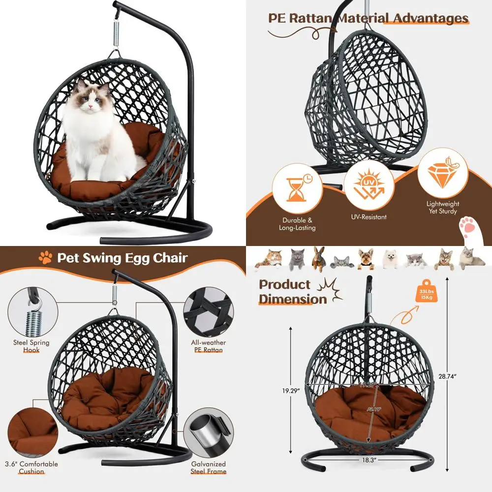 

aluminum-steel frame cat swing bed with cushioned seat and hdpe rattan wicker egg chair, indoor suspended pet bed