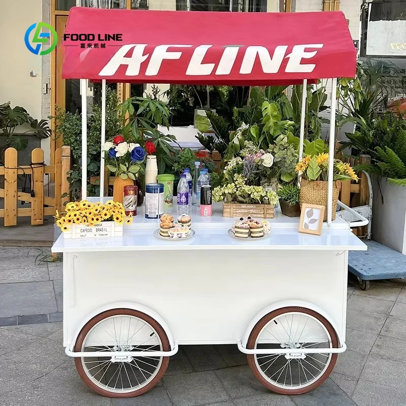 Customized Retro Street Food Cart Mobile Flower and Ice Cream Trolley Hand Push Red Canopy Portable Wooden Style Farmers Market