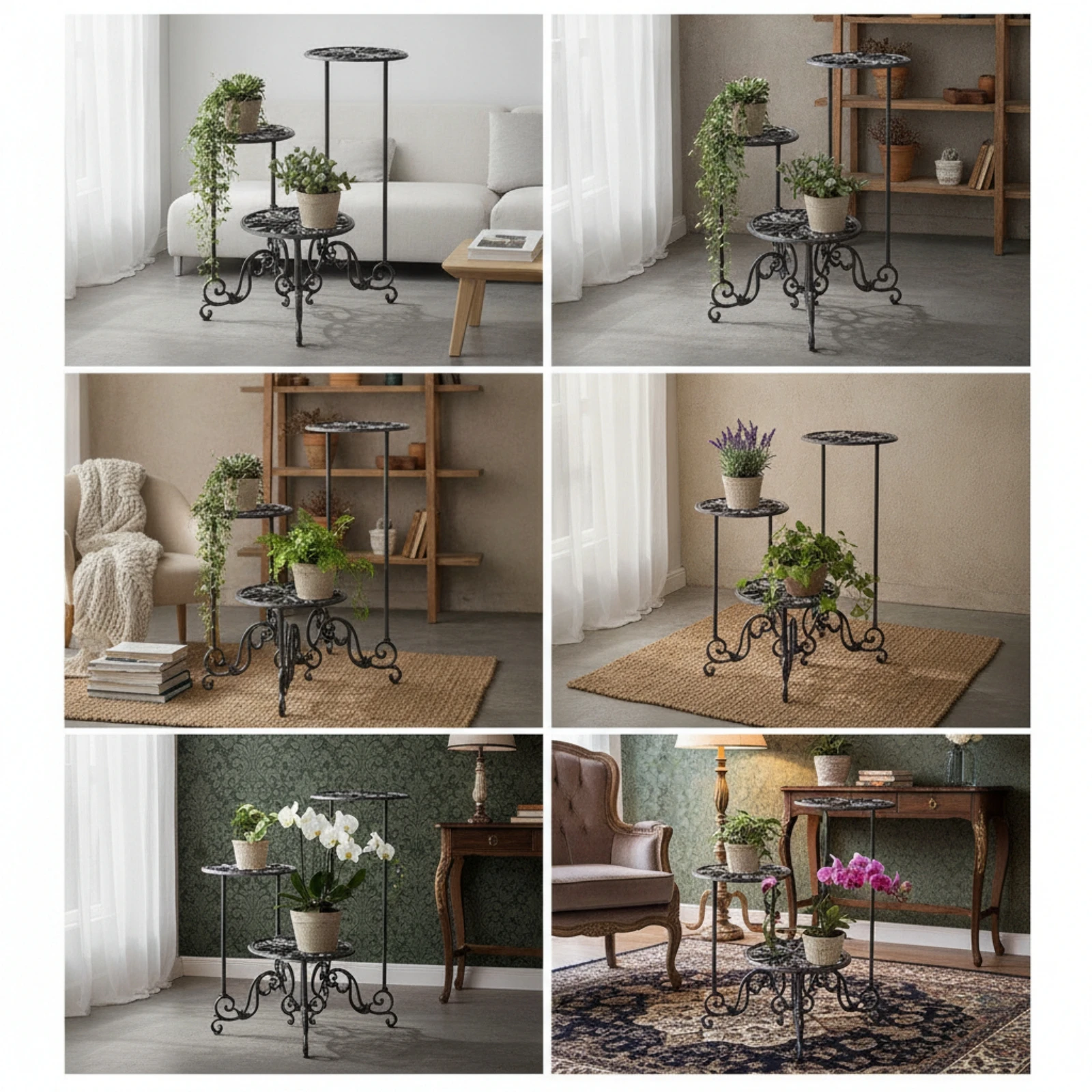 3-Tier Plant Stand Vintage Rotating Flower Stand 3-Tier Plant Shelf Wrought Iron Look Furniture Space-Saving for Gardeners