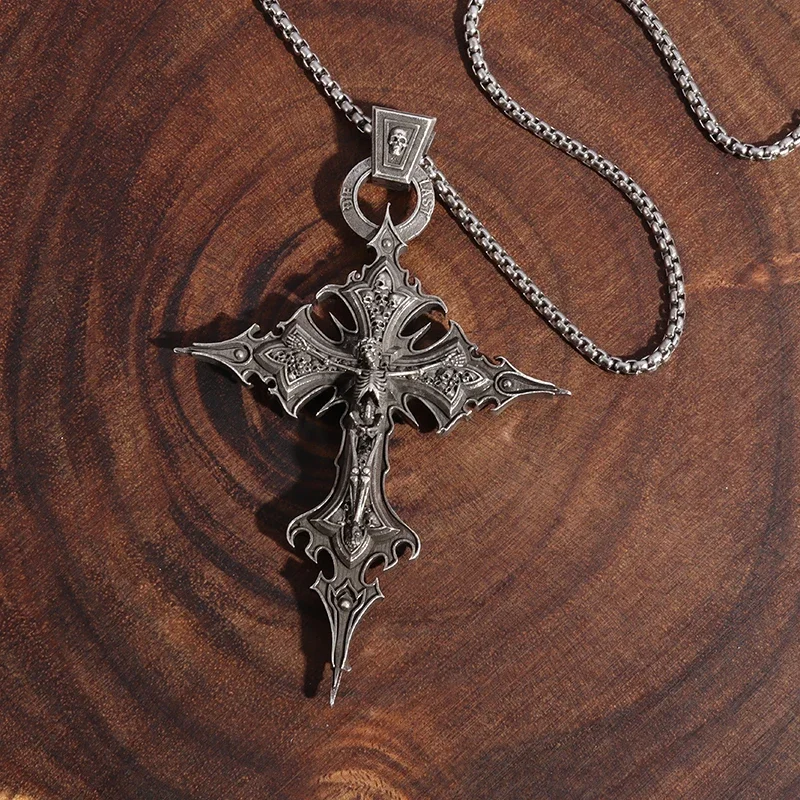 Gothic Skull Jesus Cross Necklace Catholic Jewelry for Men Punk Religious Amulet Necklace