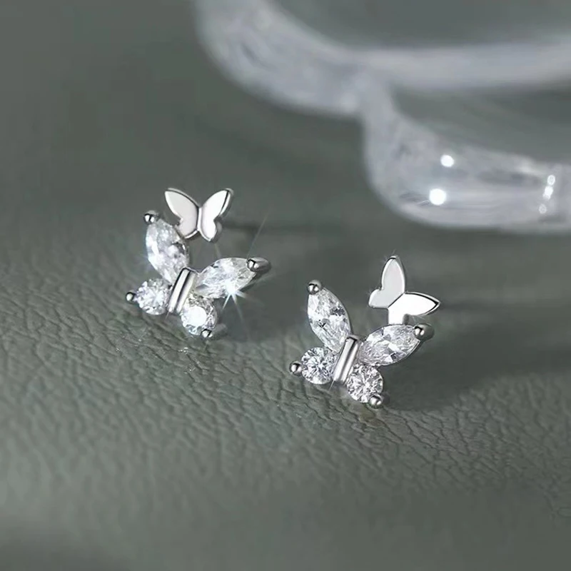 Silver Color Mini Cute Exquisite Zircon Butterfly Stud Earrings for Charming Women Light Luxury Fashion Jewelry Accessories