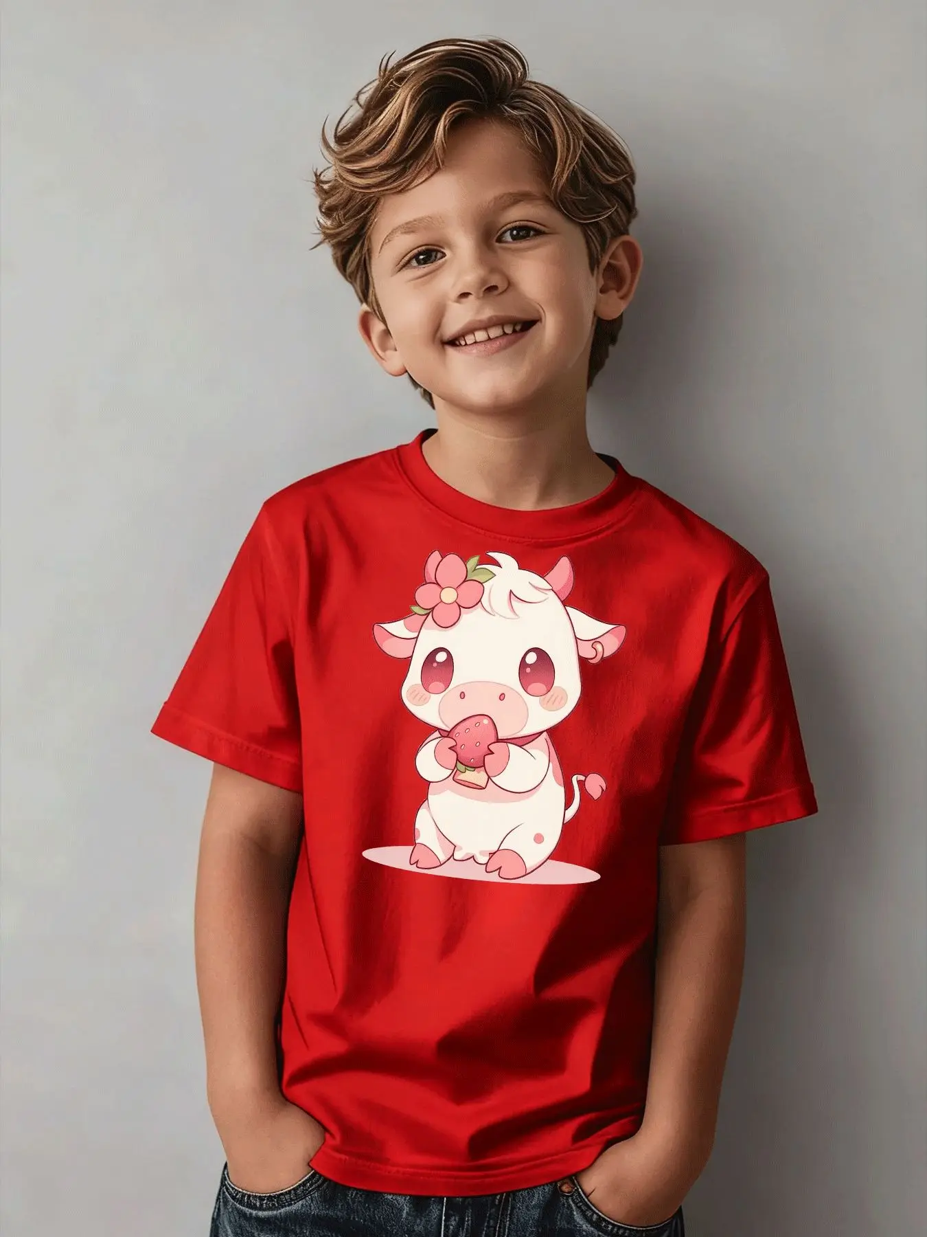 Summer Casual Cute Cartoon Pink Cow Strawberry Print Children's T-shirt Street Style Holiday Gift Daily Wear Parent-child Outfit