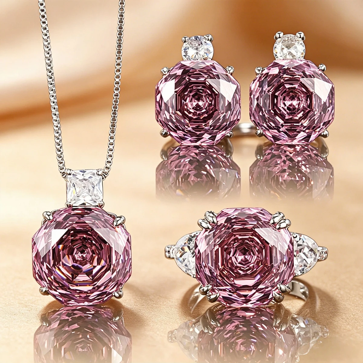 

Luxury Pink Gemstone Rose Jewelry Set, Silver Plated CZ Pendant Necklace, Earrings & Adjustable Ring, Elegant Party Statement Je
