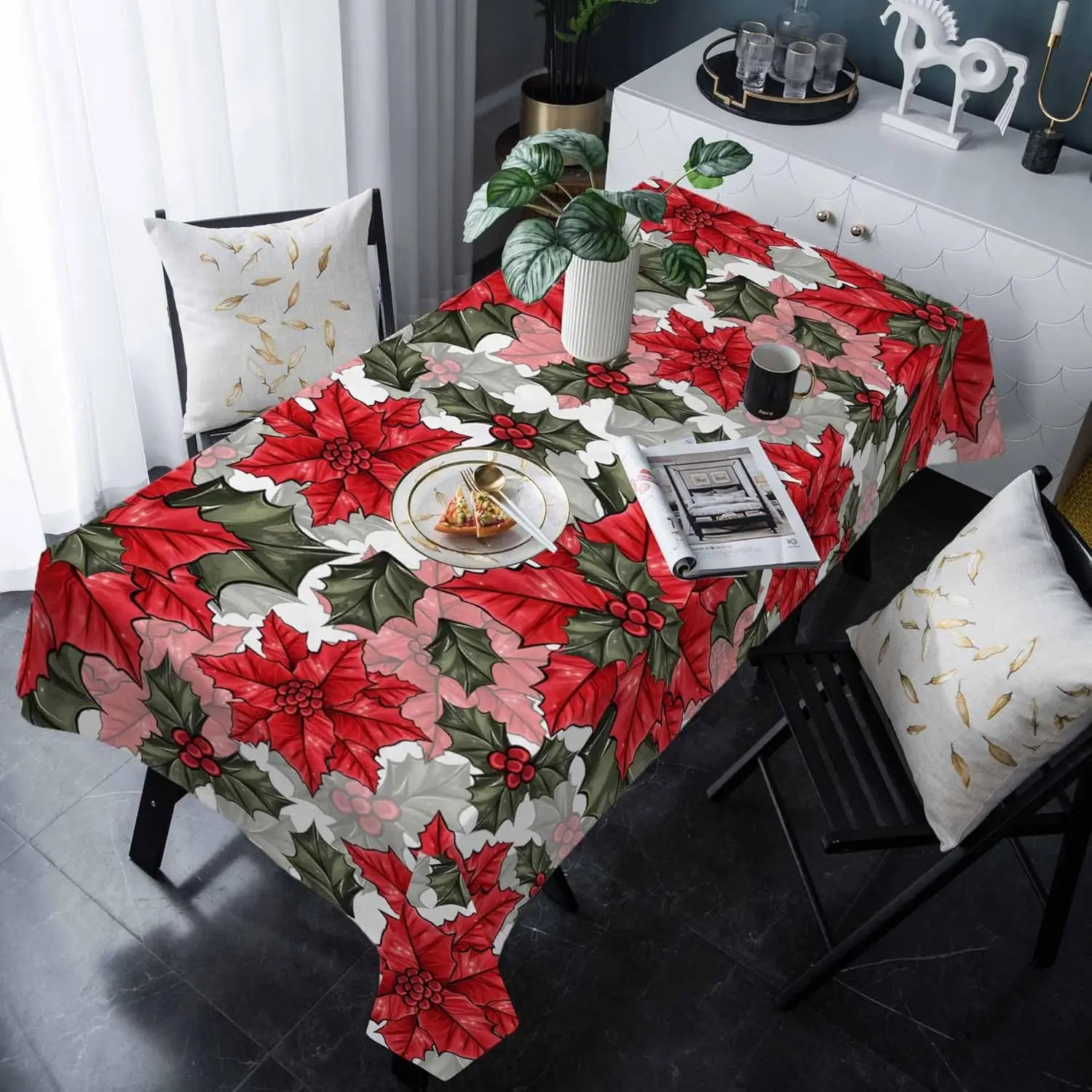 Christmas Poinsettia Holly Berry Tablecloth for Table Decor Reusable Winter Xmas Kitchen Dining Tablecloth Christmas Decoration