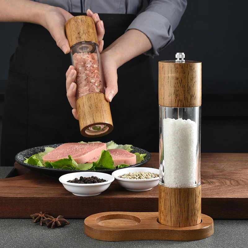 Salt and Pepper Grinder 2 in 1 Manual Wood Salt Pepper Mills with Adjustable Ceramic Grinding Spice Mill Kitchen Tool