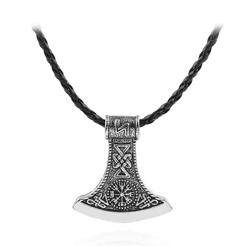 Norse Viking Scandinavian Axe Head Pendant Necklace - Odin Asgard Hammer Mjolnir Alloy Jewelry with Leather Cord