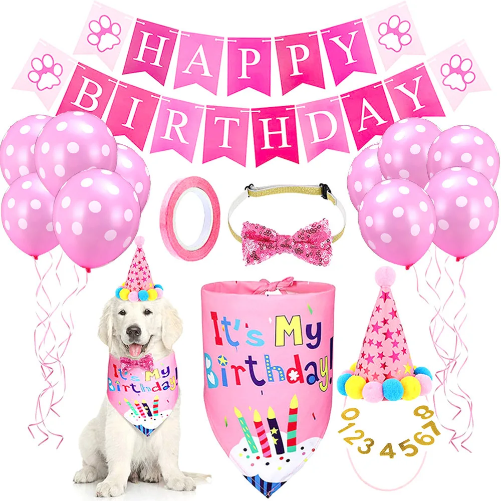 Dog Birthday Party Supplies with Dog Birthday Bandana Boy Girl Hat Scarf Birthday Banner Balloons and Bow Tie for Dog Birthday 