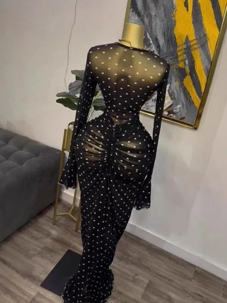 여성용 화려한 봄 드레스, 우아한 플레어 긴 소매, 곡선미를 살린 플로킹 드레스, 메쉬 투명 보헤미안 맥시 드레스, 슬링 안감 포함