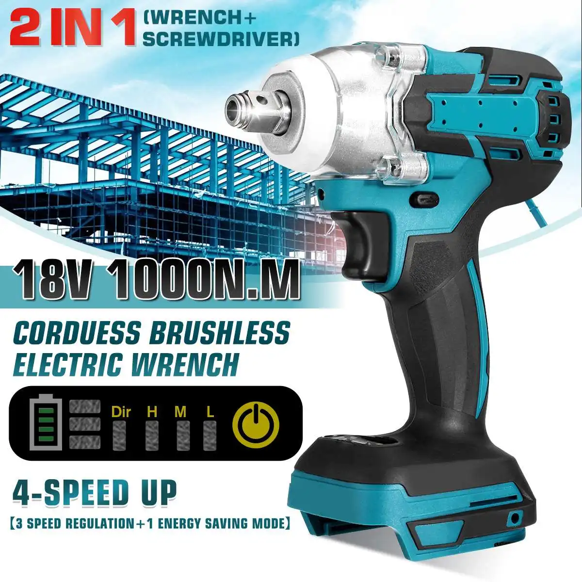 

1000N.M Update 4 speed Brushless Cordless Electric Impact Wrench Rechargeable 1/2 inch Wrench Power Tools for Makita 18V Battery