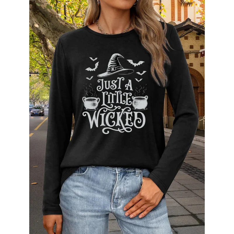 Womens Halloween Graphic Tee Witch Hat Cauldron Pattern Long Sleeve Casual Shirts