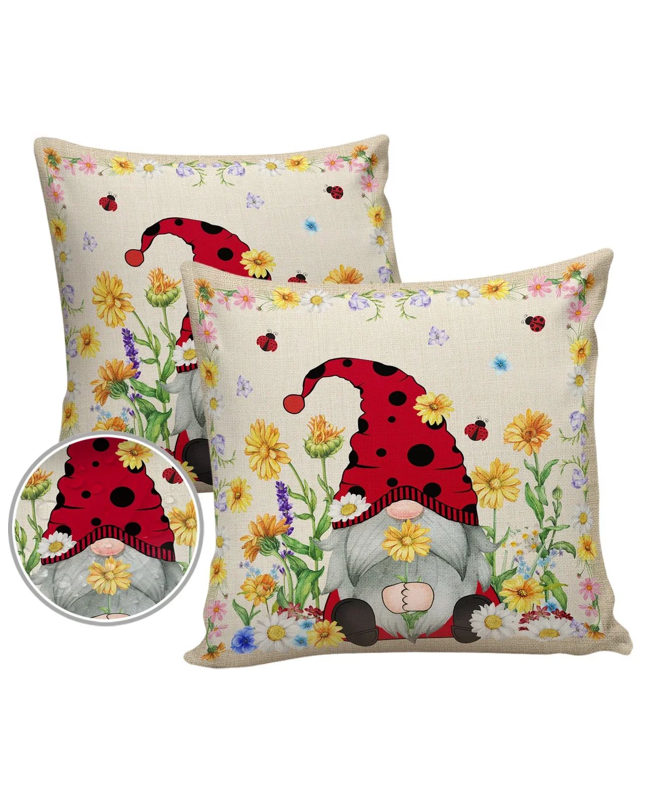 Summer Daisy Seven Star Ladybug Gnome Waterproof Pillowcase Sofa Cushion Case Home Decor Bed Pillow Cover Car Cushion Cover