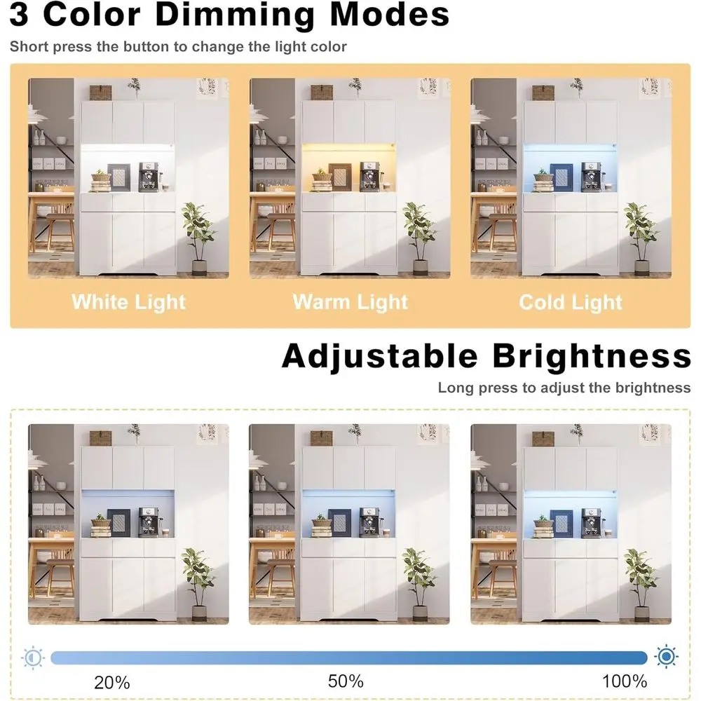 71 Tall Kitchen Storage Cabinet with LED Lighting, Charging Station, and Microwave Stand, White