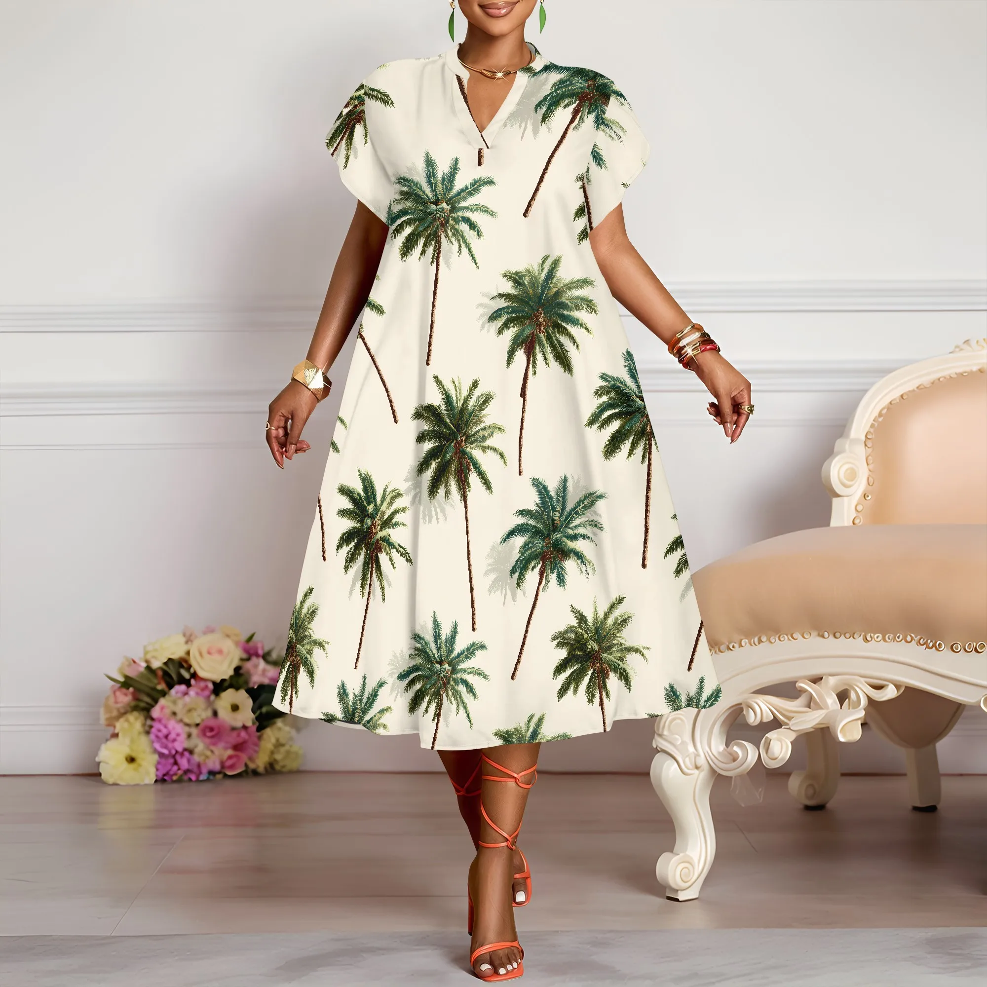 Palm Tree Print V-Neck Dress, - đánh giá và giá Summer Clothing Resort