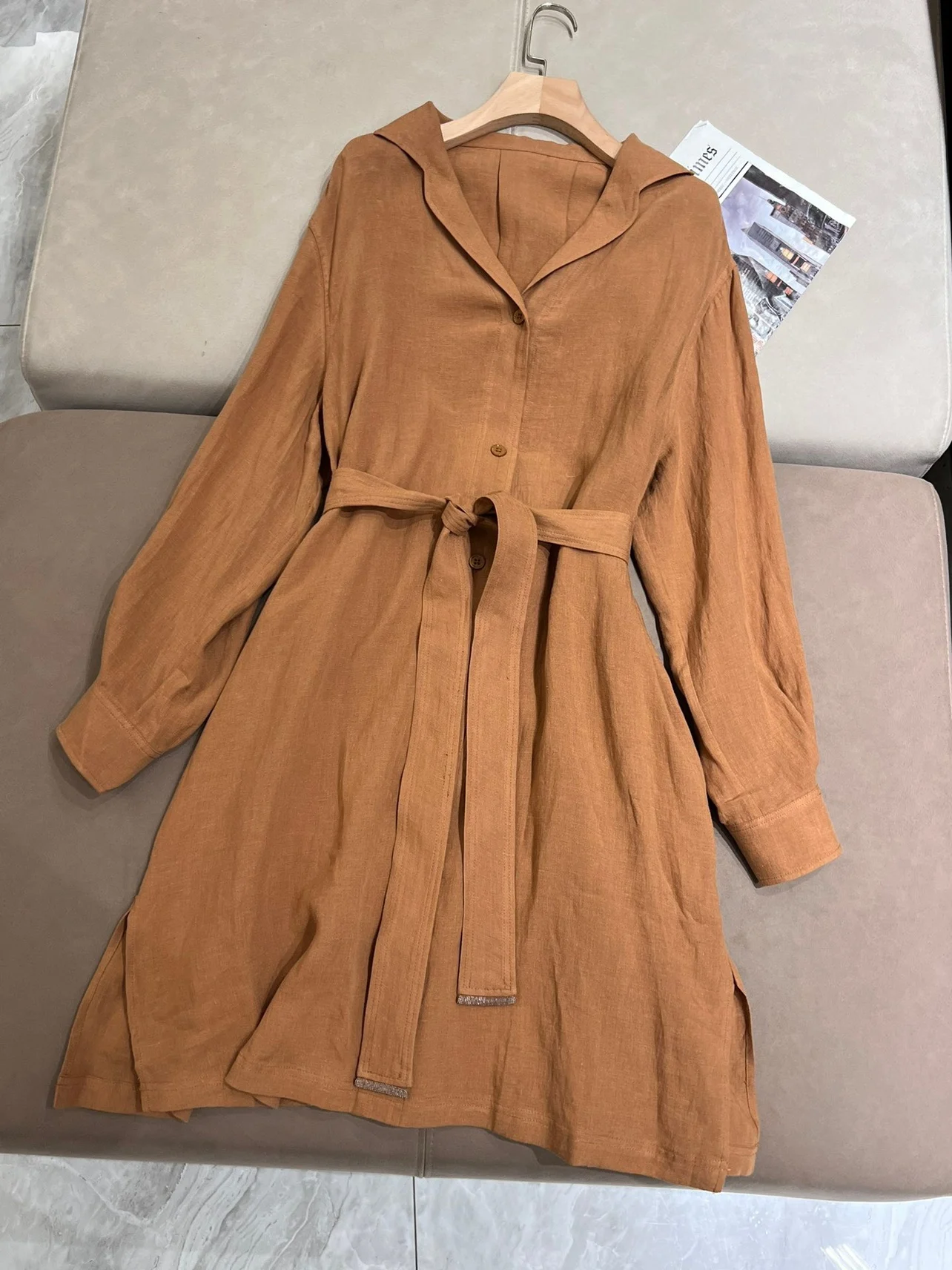 Spring casual loose long sleeve belted linen dress