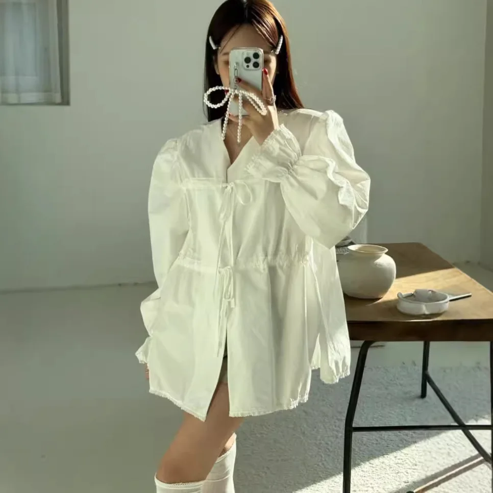 

Women's Unique Design White Blouse Spring Lace Patchwork Tie Waist Bell Sleeve Loose Top