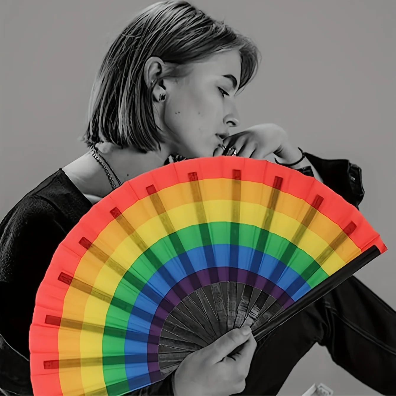 1 Rainbow Handheld Fan Plastic Dance Folding Fan Dance Performance Folding Fan Cosplay Wedding Party Props Decorative Fan