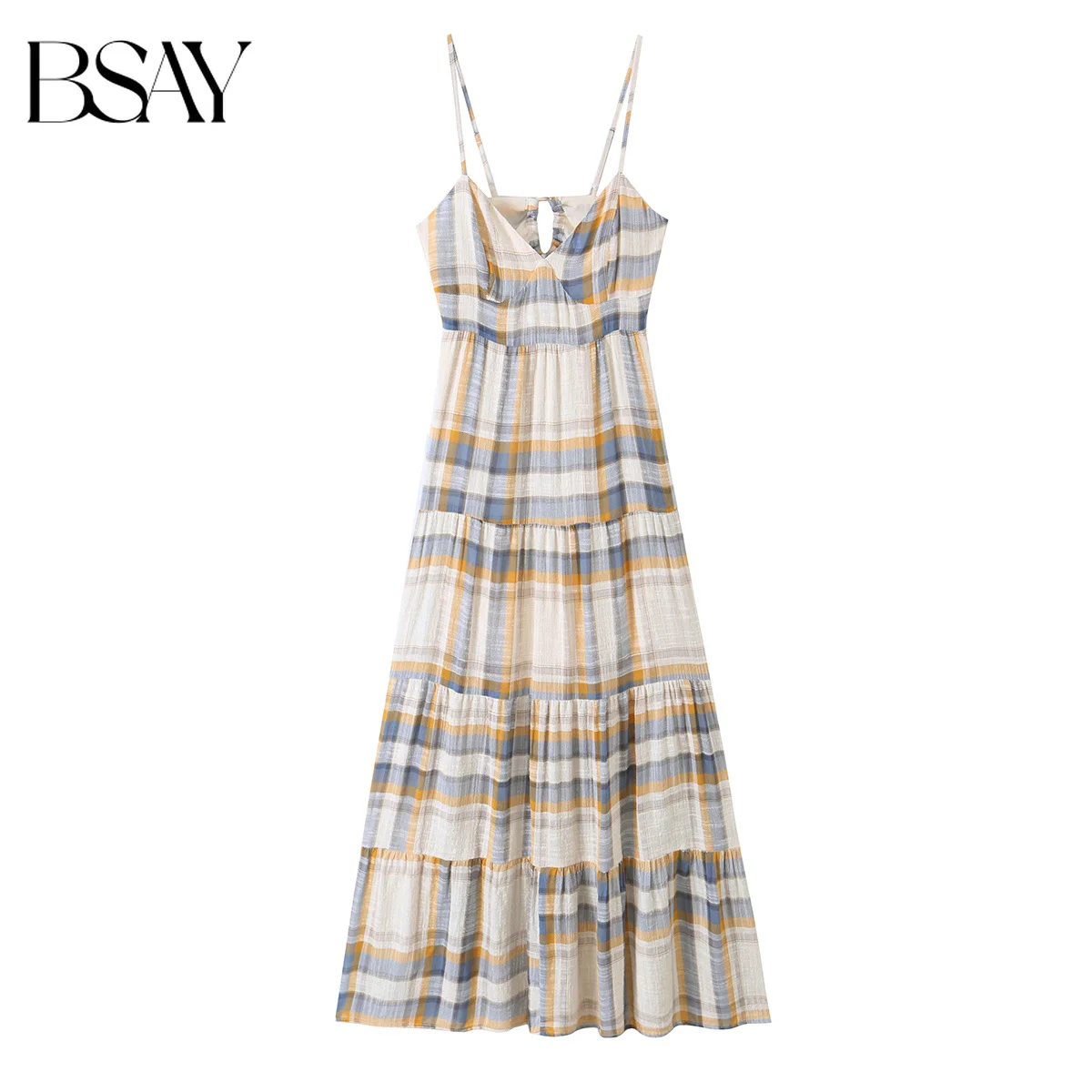 BSAY Women Summer Plaid Spaghetti Strap Midi Dress V Neck Back Cutout Tiered Ruffle Hem Loose Casual Summer Checkered Sundress
