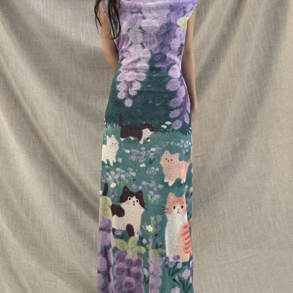 Vintage Art Painting Cat Purple Wisteria Floral Sleeveless Long Dress Women Cottagecore Y2K Cute Slim Bodycon Maxi Summer Dress