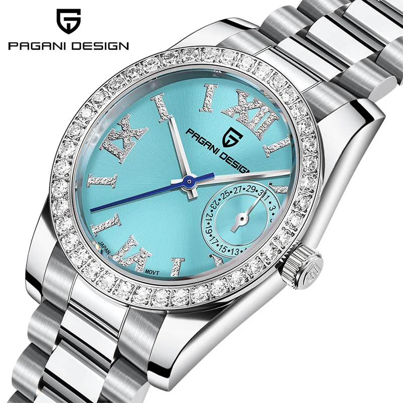 PAGANI DESIGN-Relógio de aço inoxidável impermeável para mulheres, relógio facial de diamante, calendário fashion, high-end, 32mm, PD1776