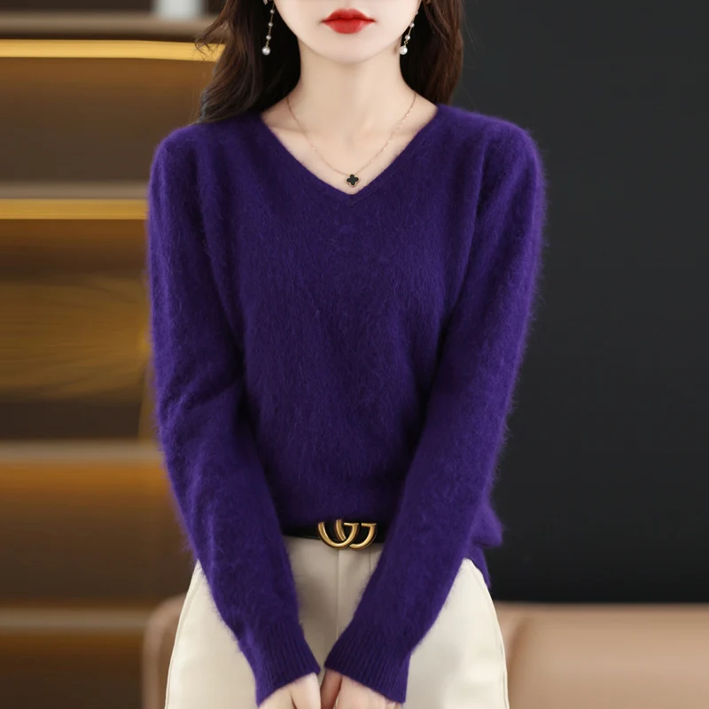 2024 Autumn Winter New Mink Cashmere Sweater Women\'s V-Neck Knitted Base SweaterPpullover Long Sleeved Warm And Simple Top Loose