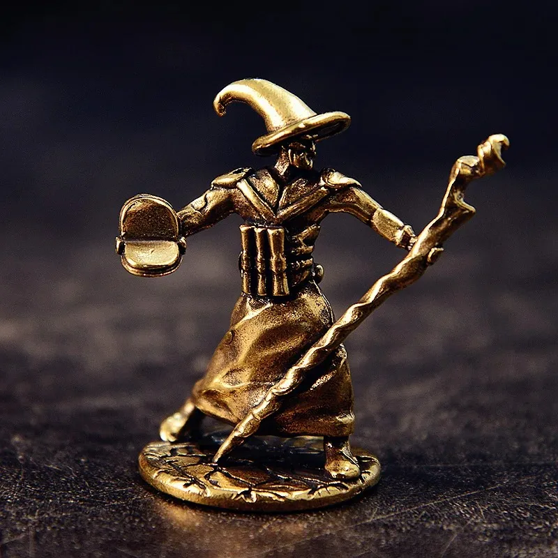 Brass Magician Small Statue Retro Characters Mystic Sorcerer Miniatures Figurines Desktop Decorations Crafts Home Decor Ornament