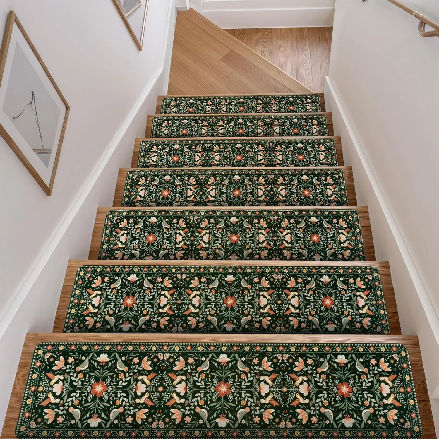 VIKAMA Floral Pattern Staircase Treads Anti-Slip Mat Solid Wood Staircase Carpet， Diatomite Step Pad Christmas Rug， Home Decor