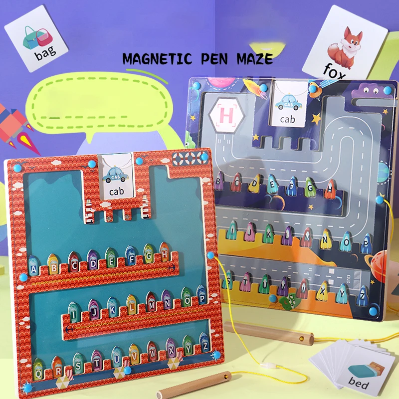 Magnetic Maze Board Wooden Alphabet Board Letter Puzzle Maze Board Sorting Matching Educational Toys Color Recognition Magnetic