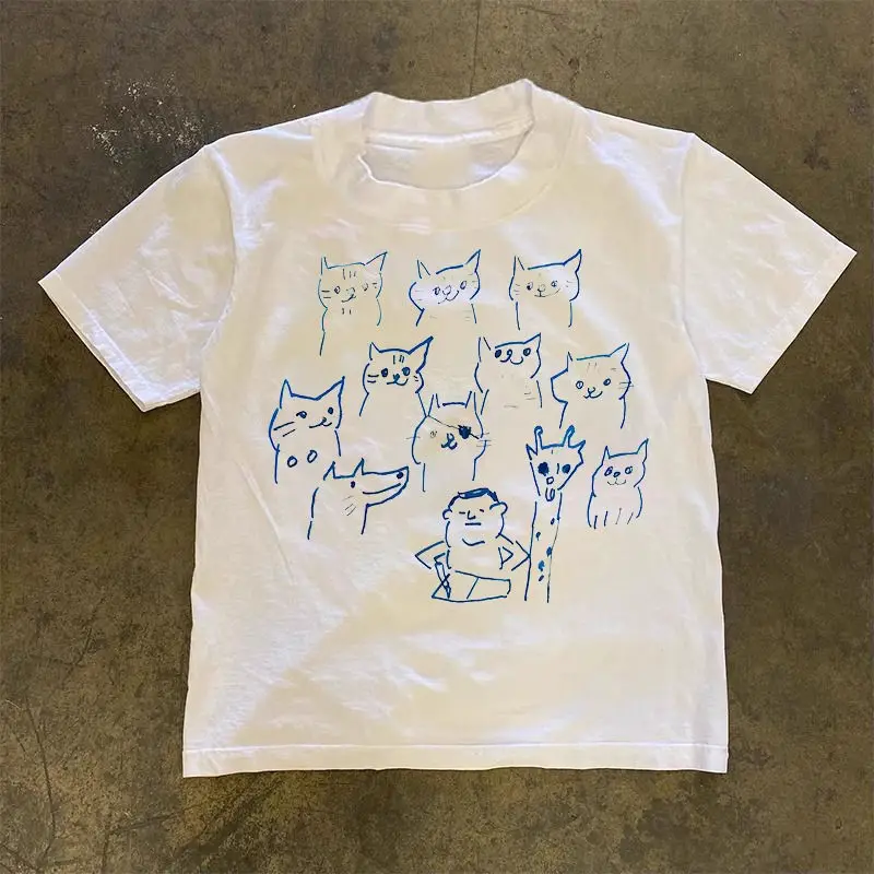 Casual All Match O Neck Short Sleeve T Shirts Y2k Aesthetic Summer Cute Cat Print Harajuku Women Clothing Preppy Style Girl Tops