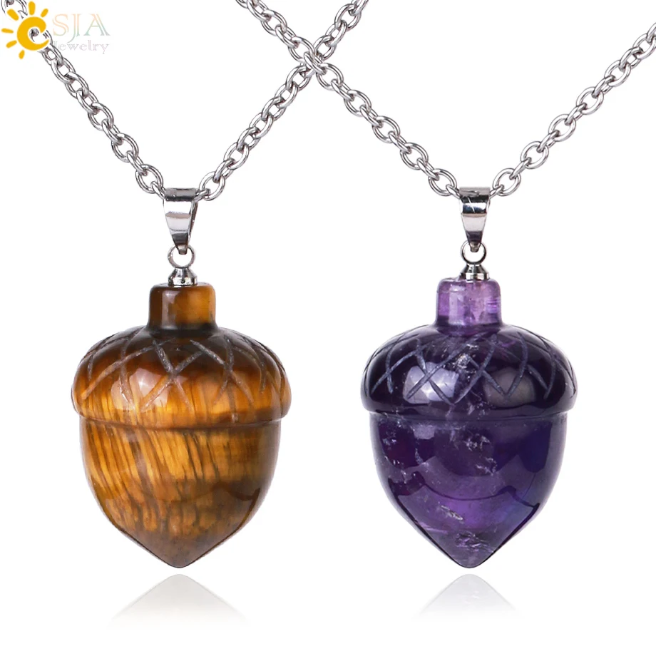 CSJA Natural Stone Pendant Necklace Carved Pine Cone Pendants Healing Amethysts Crystal Christmas Jewelry for Man Women H081