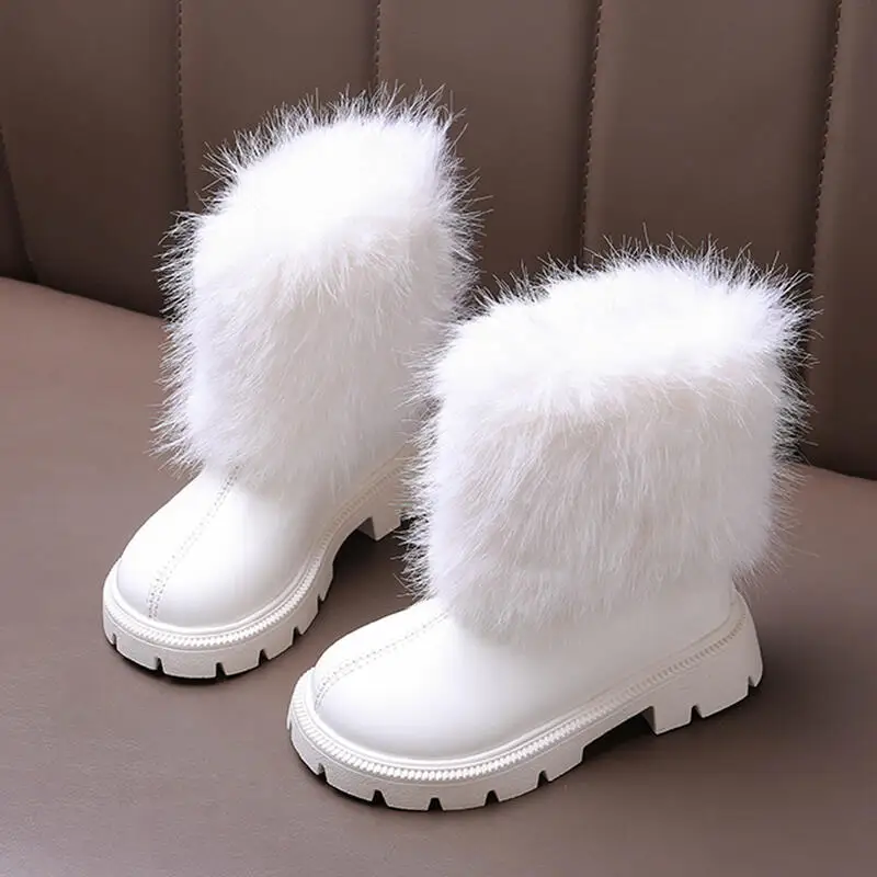 Warm Faux Fur Mid Calf Boots Girl 2025 Winter Comfort Non Slip Thick Bottom Rear Zip Boots Fashion Solid Long Plush Booties
