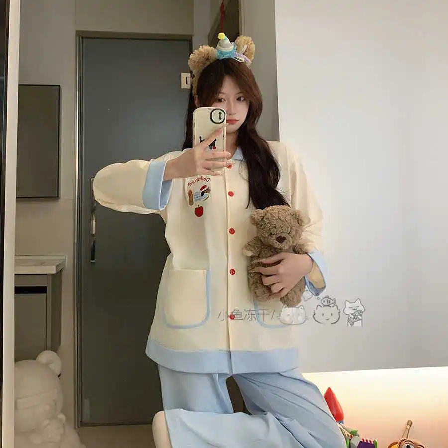 الوردي مرحبا كيتي منامة مجموعة فتاة طويلة الأكمام ملابس المنزل النساء الكرتون ملابس خاصة أزياء الخريف ملابس نوم مريحة ﻿