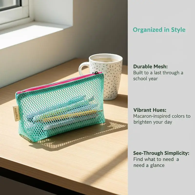 Dopamine Transparent Mesh Cosmetic Bag Zippered Portable Makeup Pouch for Women Weekend Getaway Toiletry Organizer 1Pcs