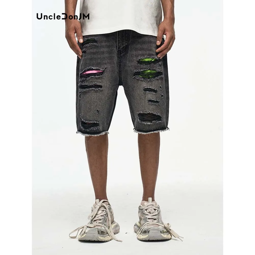 Black Ripped Jorts Distressed Damaged Denim Shorts Men