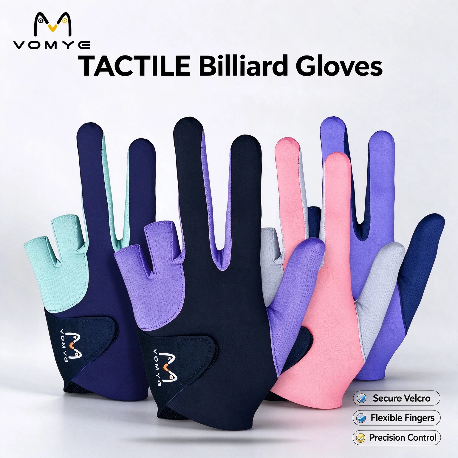 VOMYE 3 Finger Billiard Gloves Professional Soft Breathable Lycra Silicone Anti-Slip Unisex Pool Snooker Glove Velcro Wrist