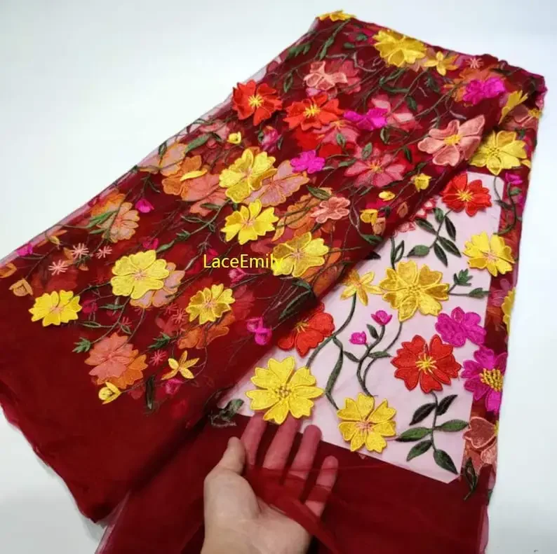 Tessuto di pizzo ricamato con fiori 3D colorati di alta qualità Tessuto floreale in tulle per abito da ragazza Abito da ballo Abito da sposa 5 metri