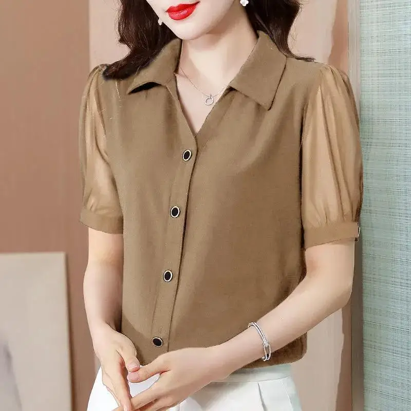 Elegant Solid Color Loose Folds Chiffon Shirt Women Clothing 2024 Summer New Oversized Casual Tops All-match Office Lady Blouse