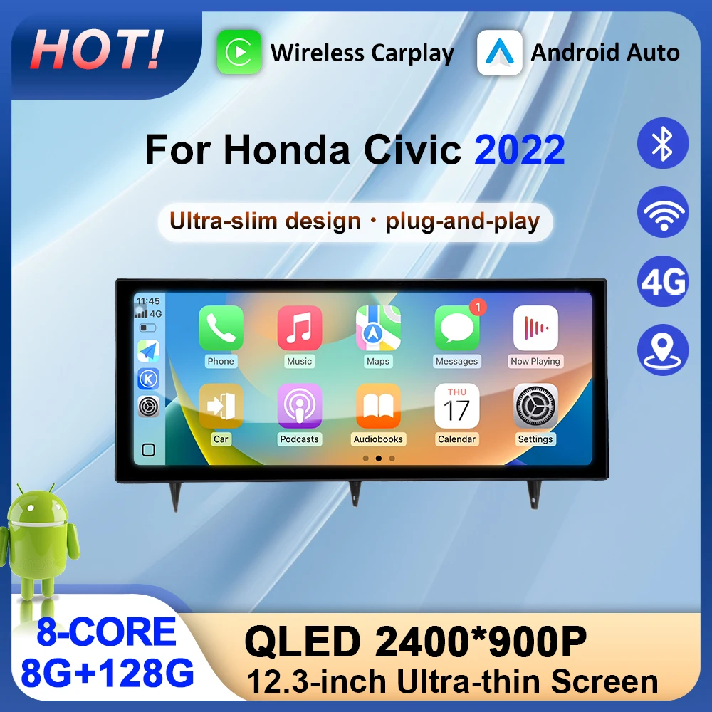 

12,3-дюймовый GPS-навигатор для Honda Civic 2022, беспроводной Carplay, Android Auto BT, Wi-Fi, 4G, DSP, стерео, автомобильный мультимедийный плеер, экран QLED